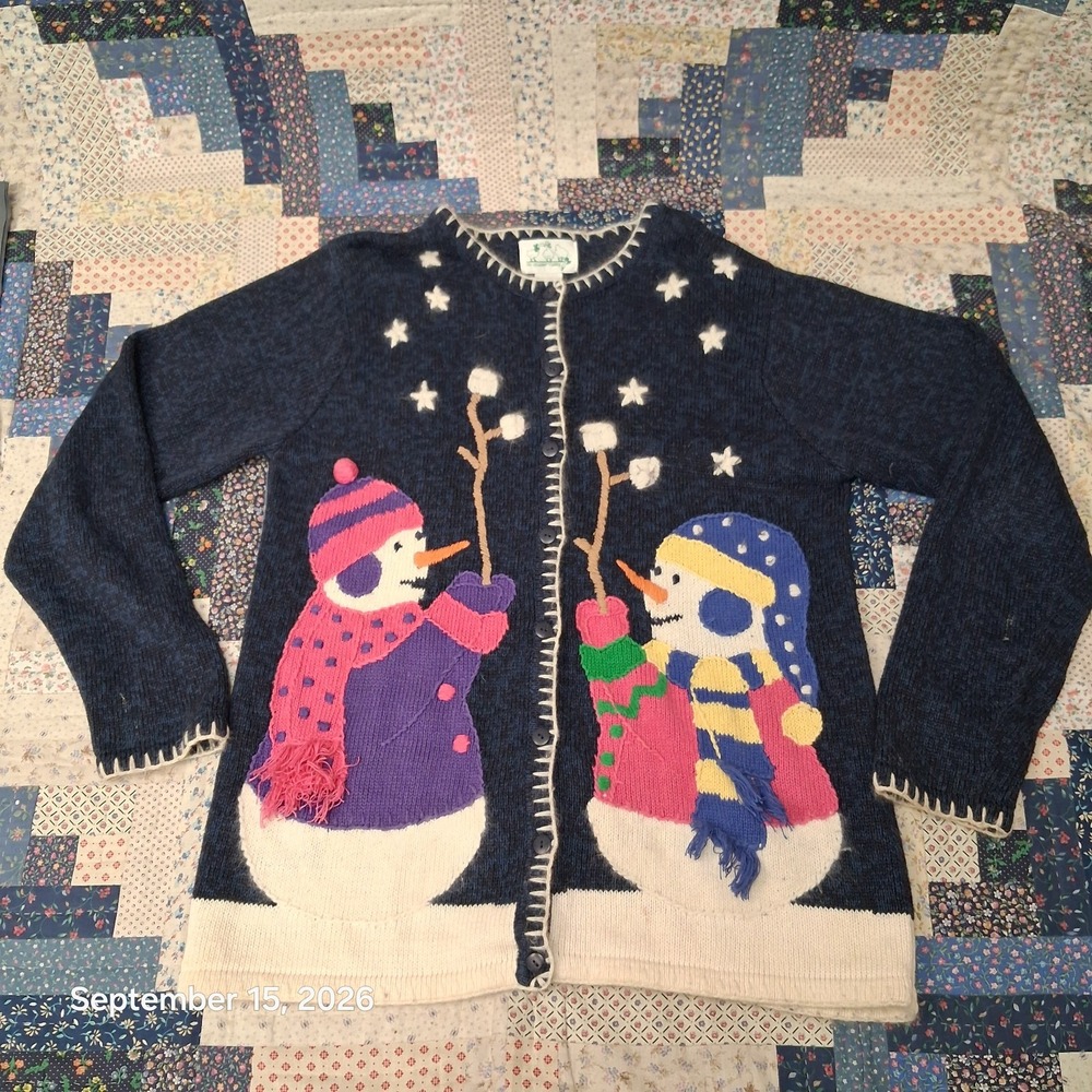 90s Vintage Quacker Factory Cardigan Sweater Womens S Blue Snowmen Campfire Ugly